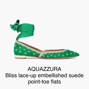 AQUAZZURA Green Bliss lace-up embellished suede point-toe flats EU 36.5